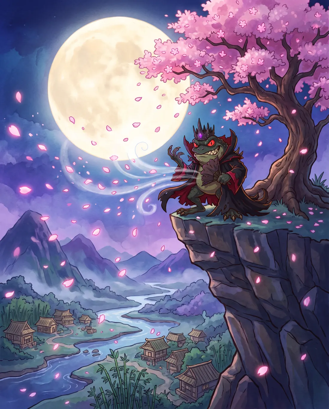 Baron Muddle flaps his fan under the moon, blowing the glowing petals off the Great Blossom Tree