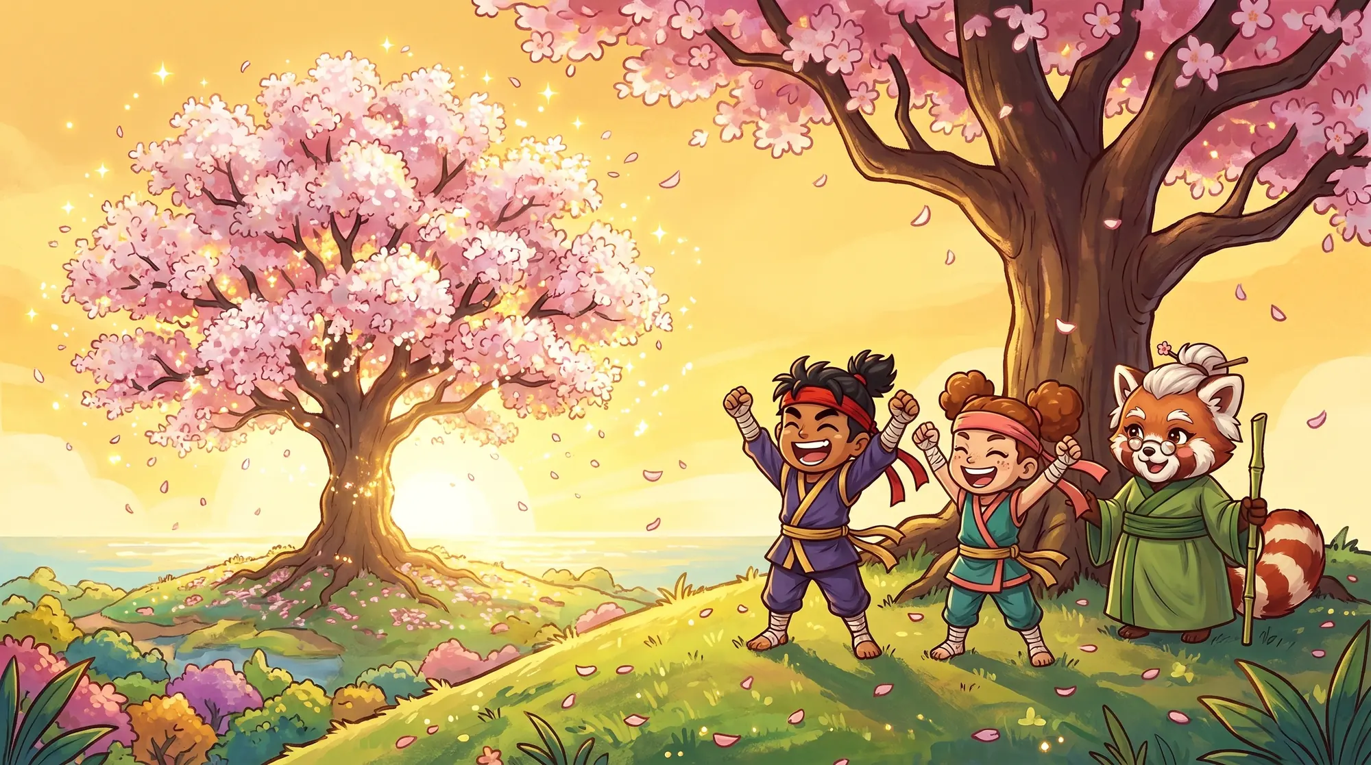 Kai, Suki and Sensei Maple cheer as the Great Blossom Tree blooms again at sunrise