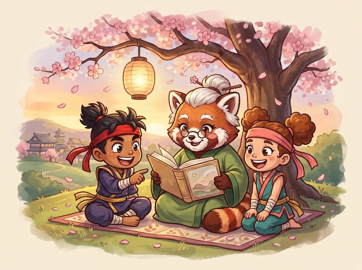 Sensei Maple reads a picture book with Kai and Suki under a blossom tree