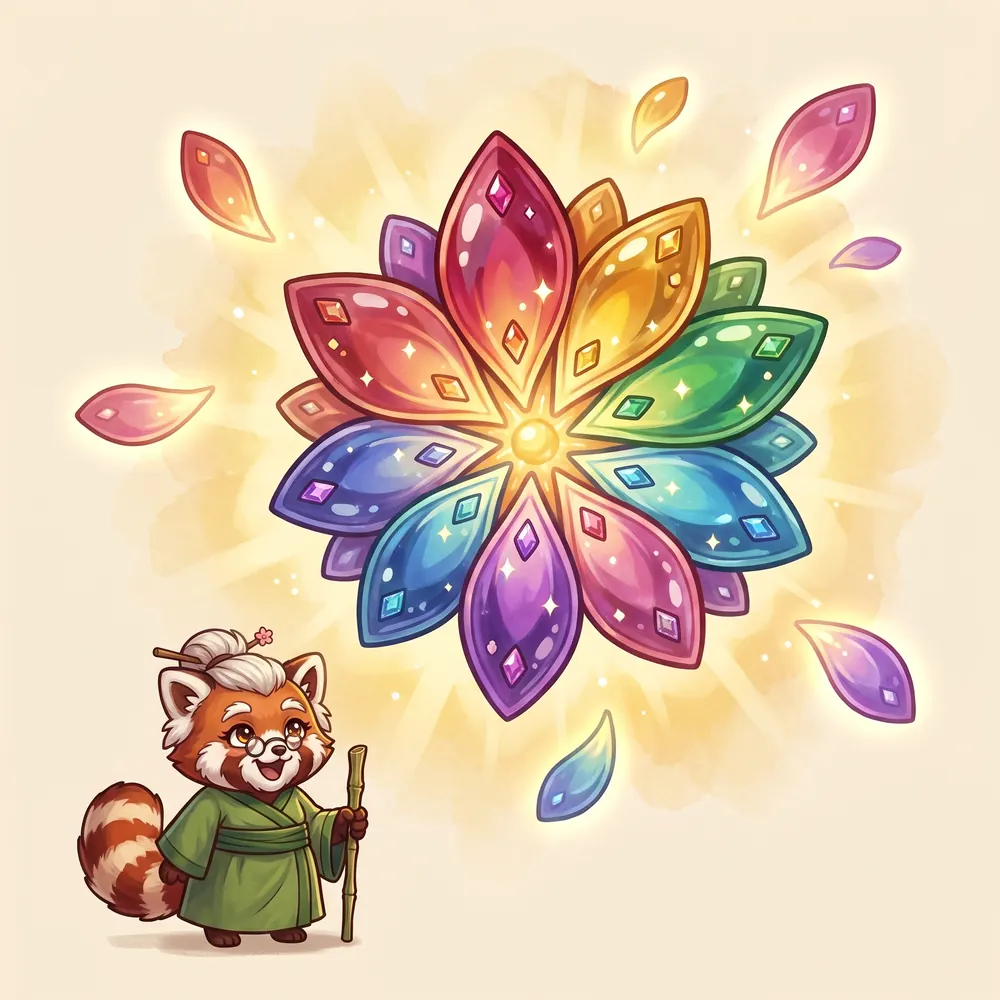 Sensei Maple gazes up at the glowing Sound Flower, its jewel-coloured petals set with gems